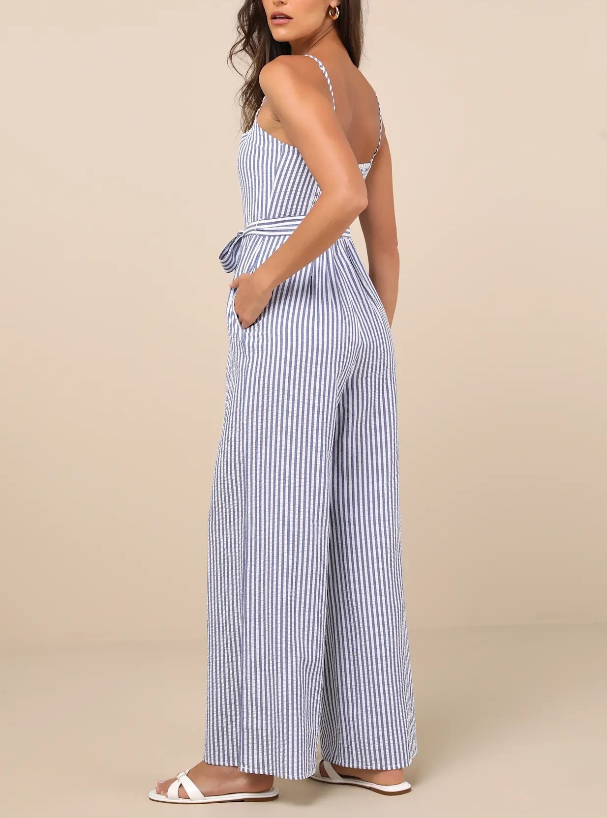 White Blue藍白色條紋腰綁帶連身長寬褲