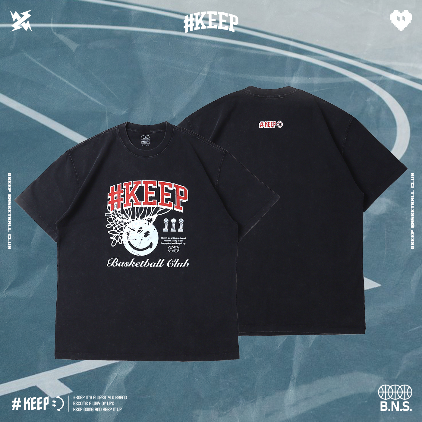 #KEEP BASKETBALL CLUB TEE 水洗黑 印花 投籃 休閒 冠軍俱樂部 水洗 短T 【KS295-BK】