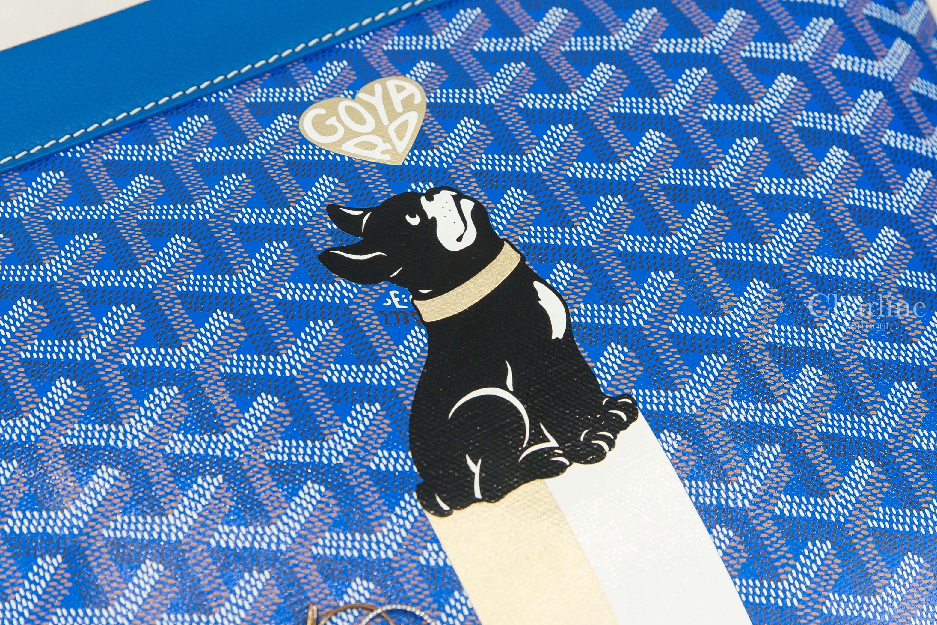 Goyard Conti Pouch 天空藍客製化金銅色愛心黑法鬥白金線條彩繪小牛皮拉鍊掛繩手拿包