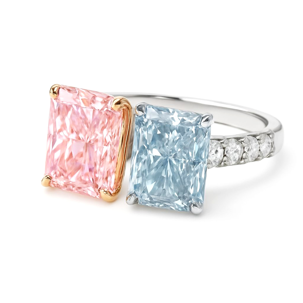 18K白金及玫瑰金oi et Moi 你和我 實驗室培育粉鑽及藍鑽戒指