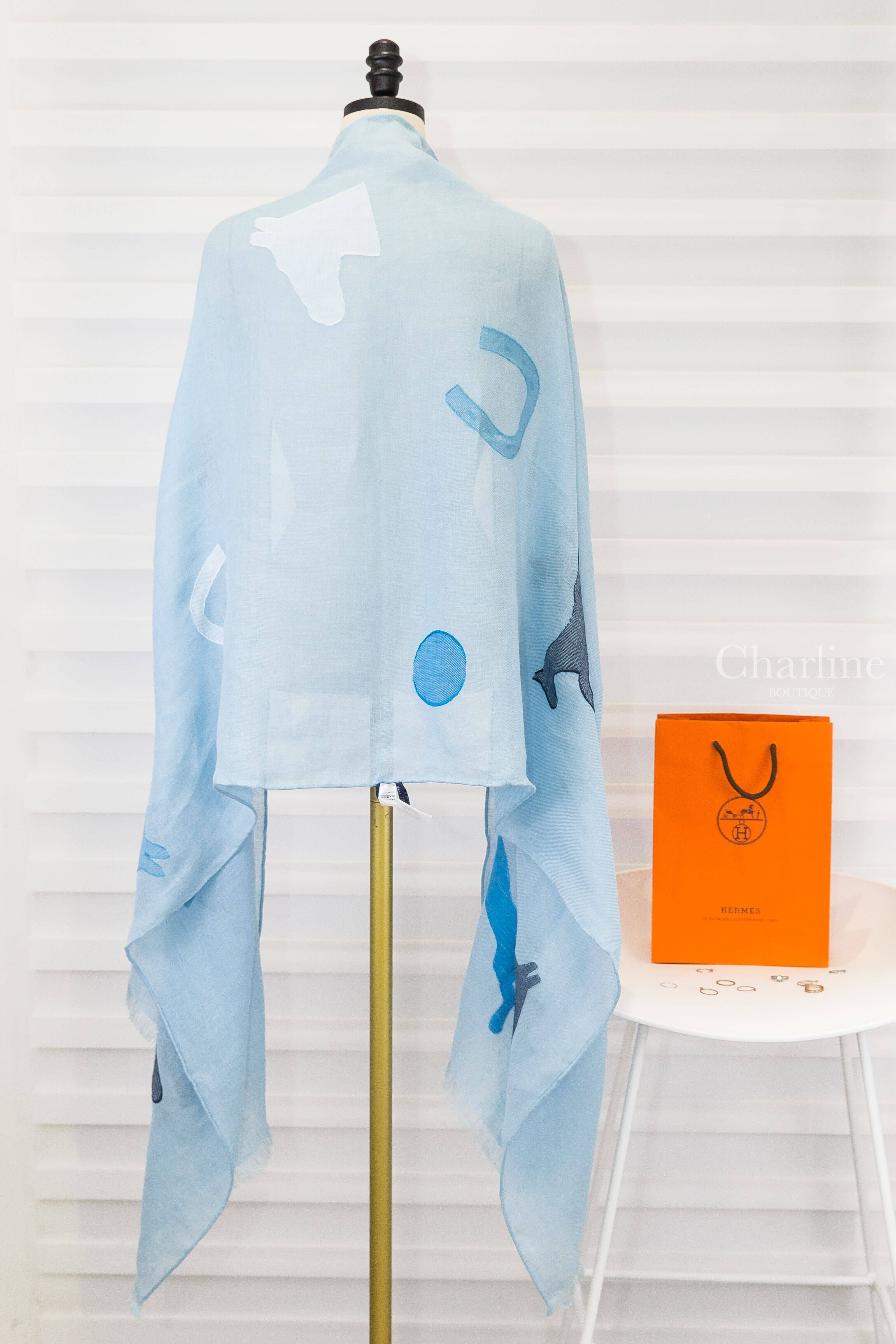 Hermès Saut Hermès Muffler 天藍色/海洋藍/蔚藍色馬頭馬蹄豬刺繡H亞麻混棉質流蘇圍巾-Charline Boutique 精品代購