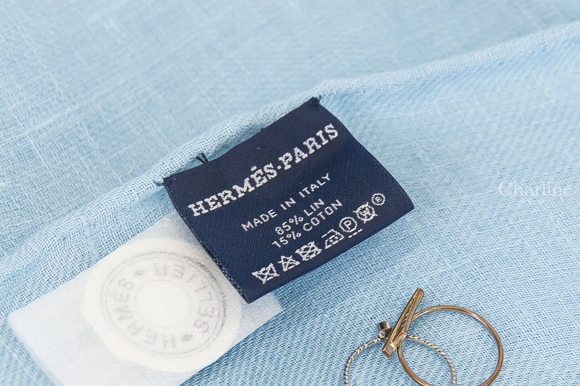 Hermès Saut Hermès Muffler 天藍色/海洋藍/蔚藍色馬頭馬蹄豬刺繡H亞麻混棉質流蘇圍巾-Charline Boutique 精品代購