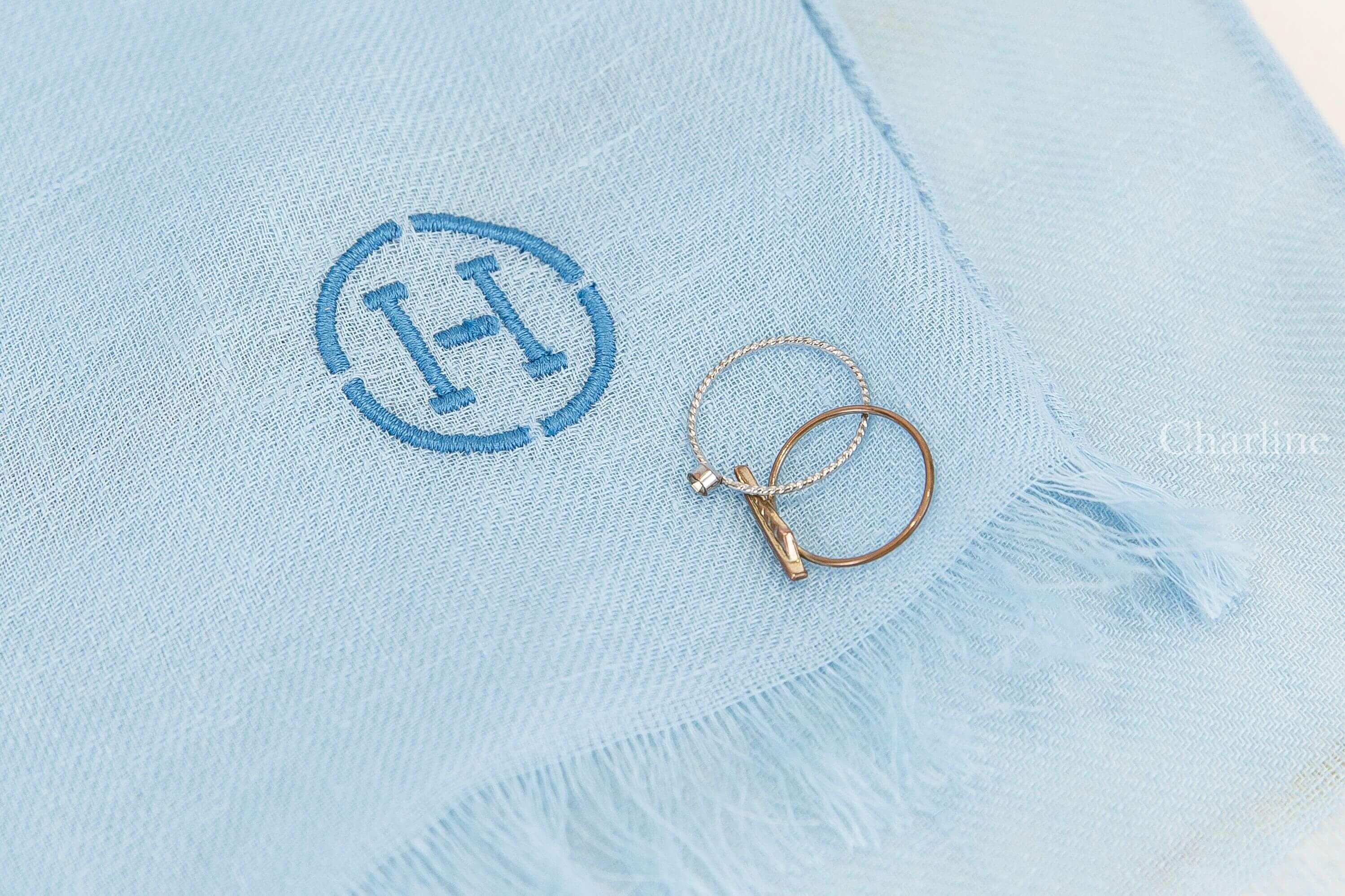 Hermès Saut Hermès Muffler 天藍色/海洋藍/蔚藍色馬頭馬蹄豬刺繡H亞麻混棉質流蘇圍巾