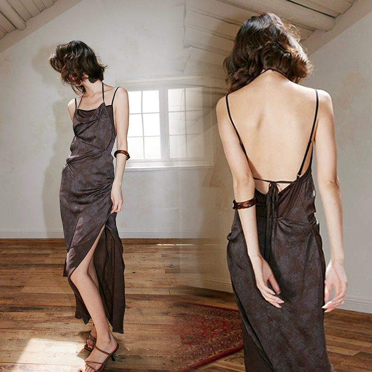 暈染巧克力色繞脖美背側開衩長洋裝衣XS-L (Elegant & Love)