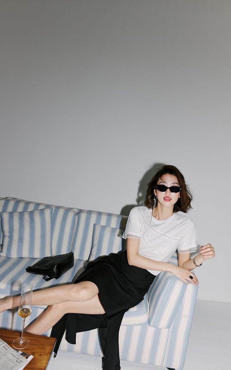 經典黑時髦不對稱斜切裙擺及膝裙XS-L (Elegant & Love)