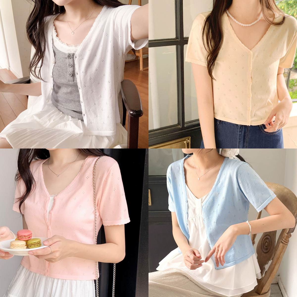 韓國grace muse授權 輕甜柔嫩花紋織孔排釦開襟上衣