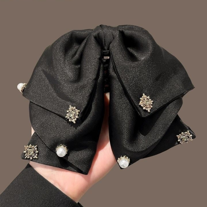 Black Satin Bow Claw Clip with Pearls & Rhinestones