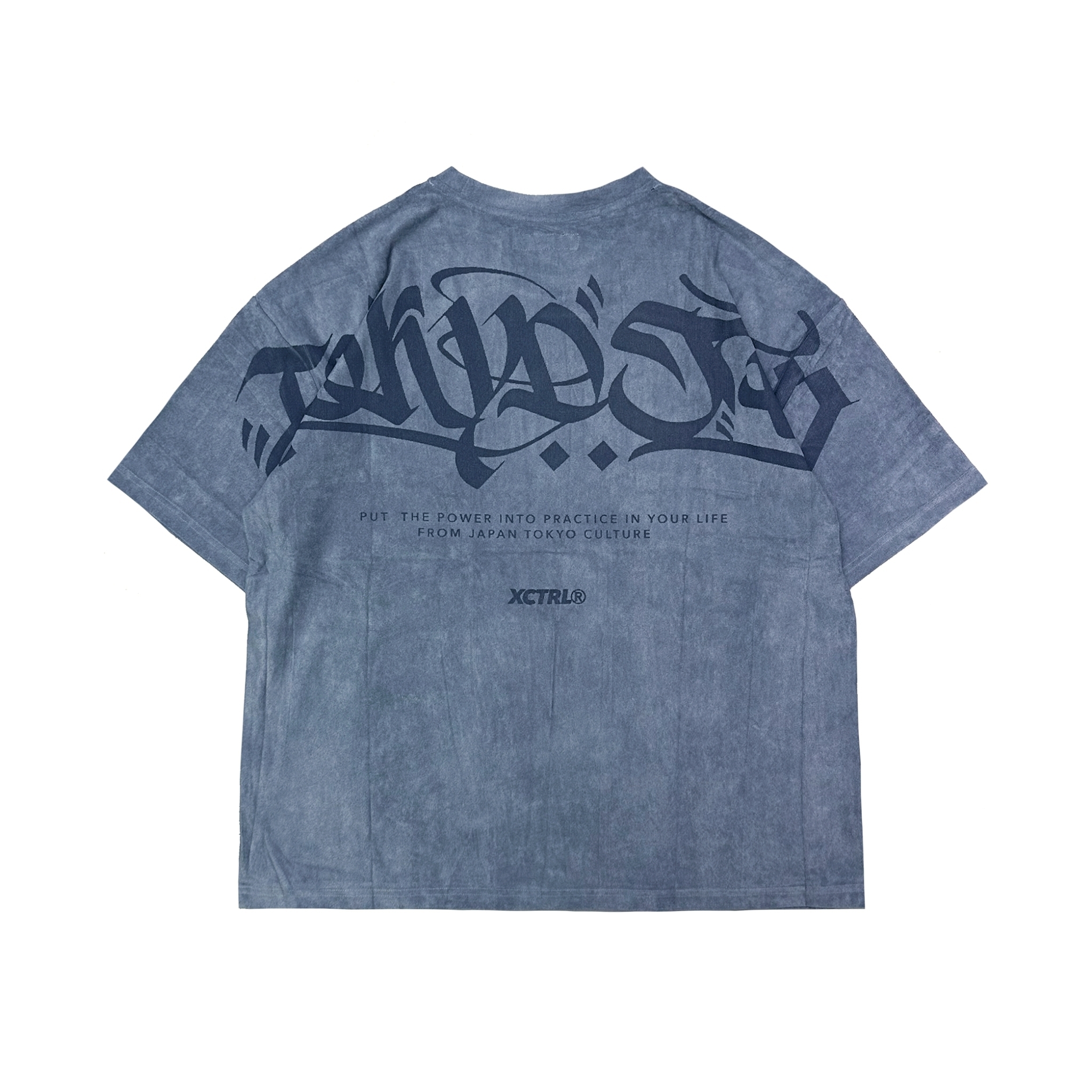 XCTRL 東京塗鴉字皮絨寬版短T-灰藍