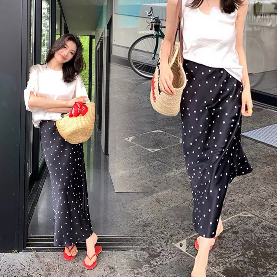 經典黑法式波點鉛筆裙長裙S-XL (Elegant & Love)