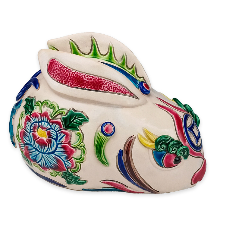 【鹿港窯限量手作】釉彩萌兔交趾陶|白菜蘿蔔雕紋・牡丹花紋・百財納福吉祥擺飾