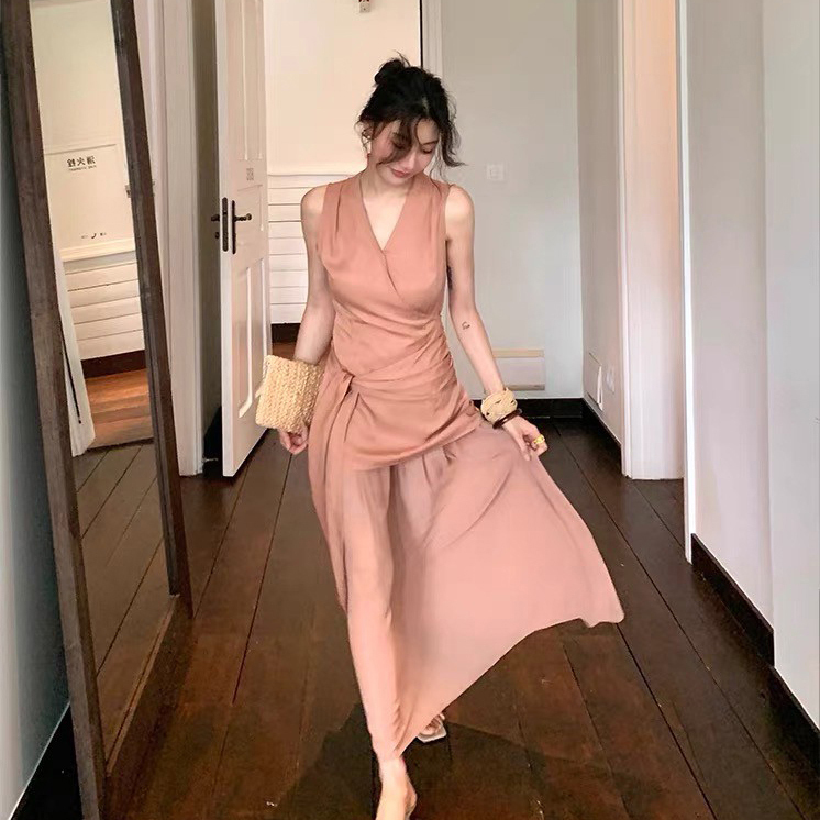 鮭魚粉綁帶拼接裙擺V領長洋裝S-XL (Elegant & Love)