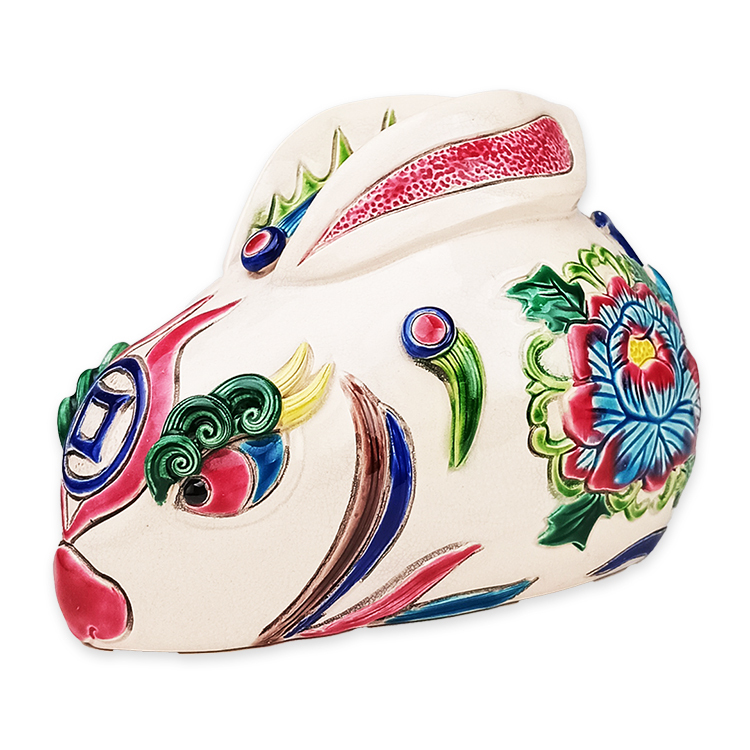 【鹿港窯限量手作】釉彩萌兔交趾陶|白菜蘿蔔雕紋・牡丹花紋・百財納福吉祥擺飾