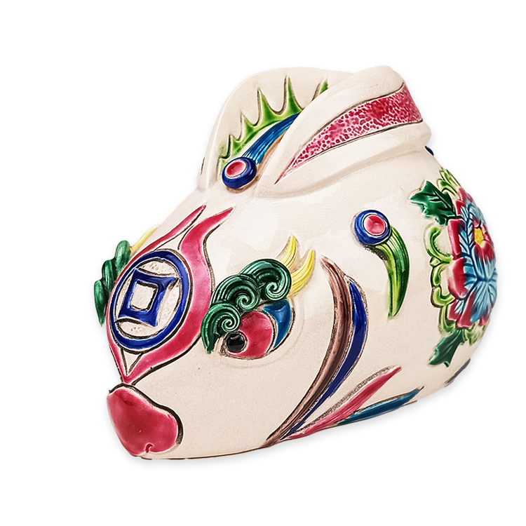 【鹿港窯限量手作】釉彩萌兔交趾陶|白菜蘿蔔雕紋・牡丹花紋・百財納福吉祥擺飾