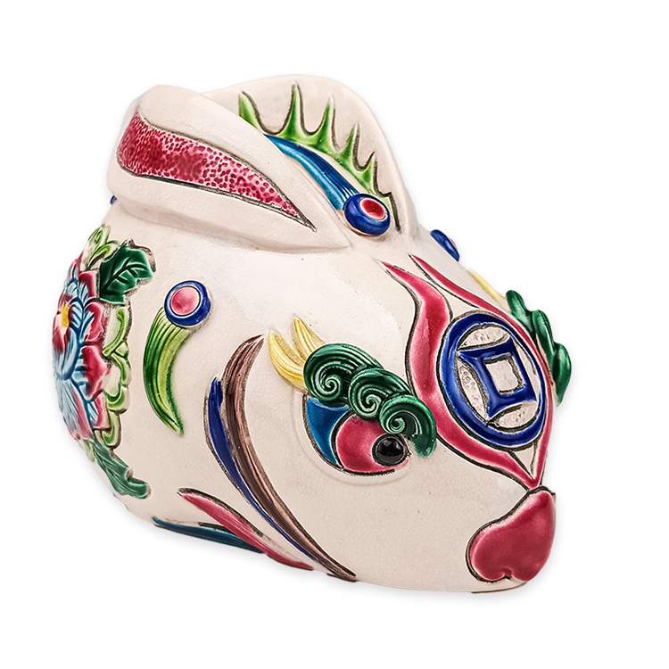 【鹿港窯限量手作】釉彩萌兔交趾陶|白菜蘿蔔雕紋・牡丹花紋・百財納福吉祥擺飾