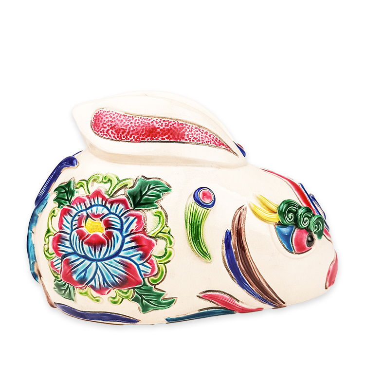 【鹿港窯限量手作】釉彩萌兔交趾陶|白菜蘿蔔雕紋・牡丹花紋・百財納福吉祥擺飾