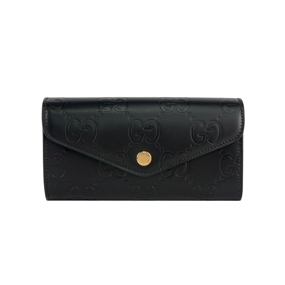 【GUCCI】大GG Logo 淡金釦翻蓋信封式長夾(黑色)