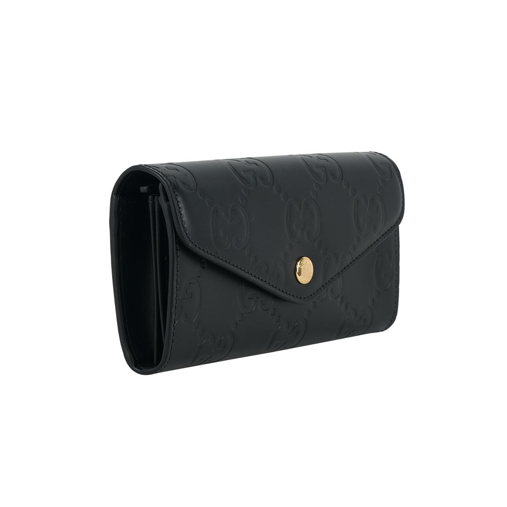 【GUCCI】大GG Logo 淡金釦翻蓋信封式長夾(黑色)