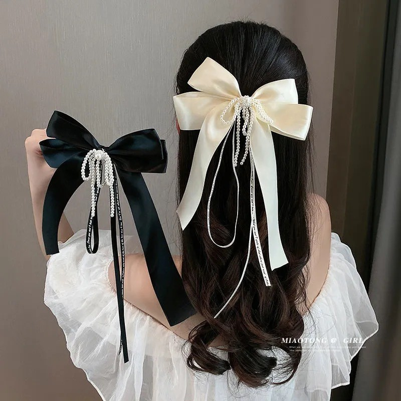 Korean Runaway Princess Pearl Tassel Bow Hair Clip