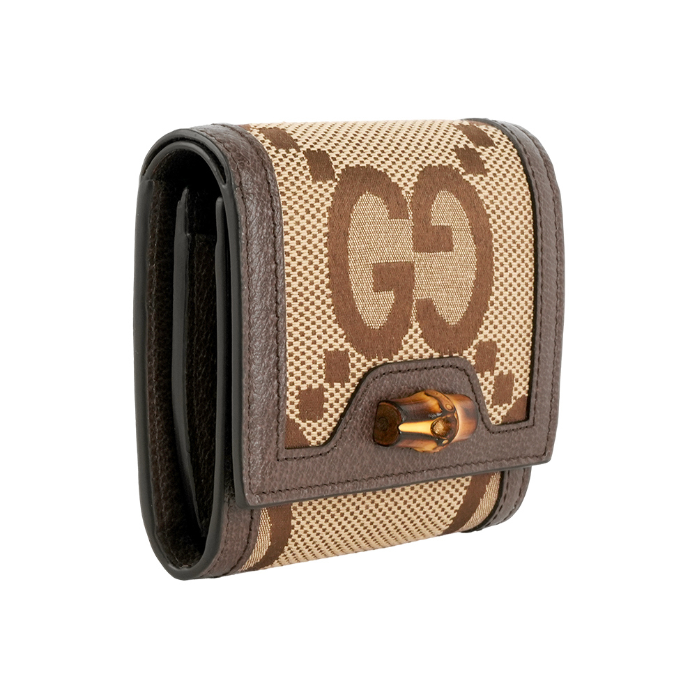 【GUCCI】Diana 竹節系列緹花布及皮革二折短夾(棕色)