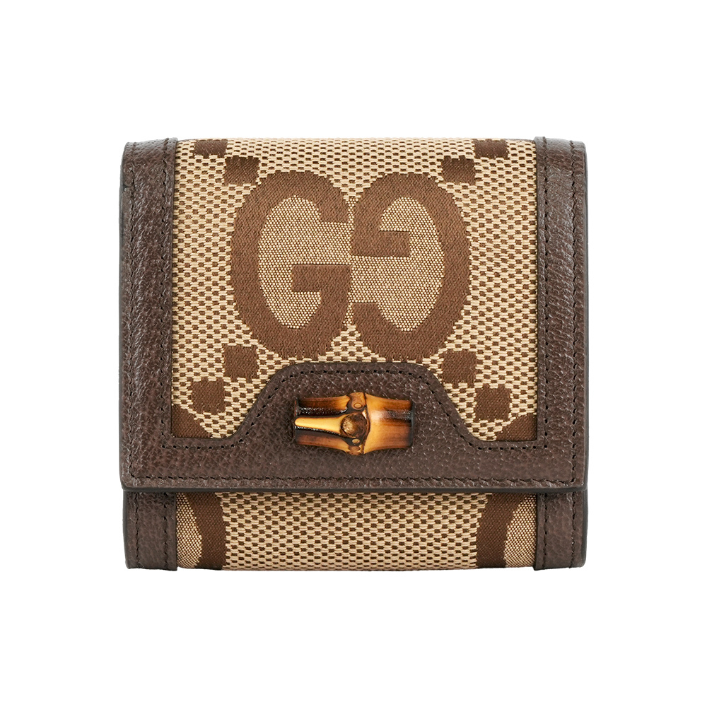 【GUCCI】Diana 竹節系列緹花布及皮革二折短夾(棕色)