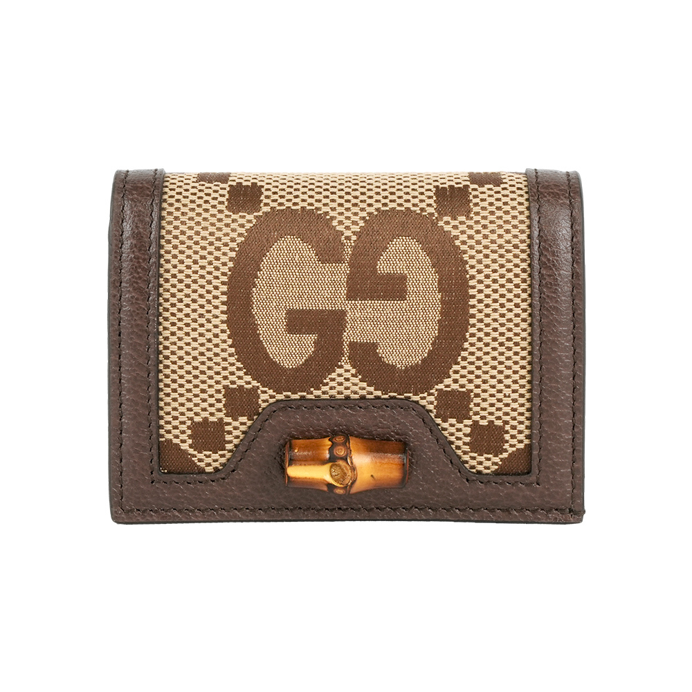 【GUCCI】Diana 竹節系列緹花布及皮革卡片小短夾(棕色)