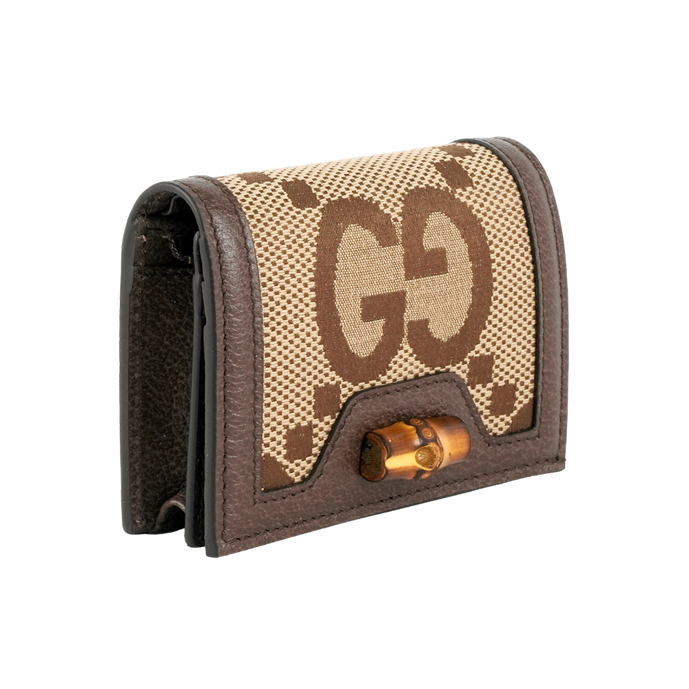 【GUCCI】Diana 竹節系列緹花布及皮革卡片小短夾(棕色)