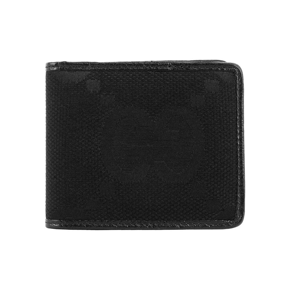 【GUCCI】Jumbo GG Logo 緹花布及皮革對開8卡短夾(黑色)