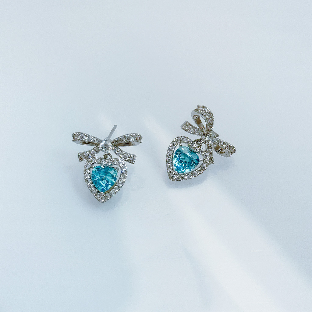 藍心蝴蝶結耳環