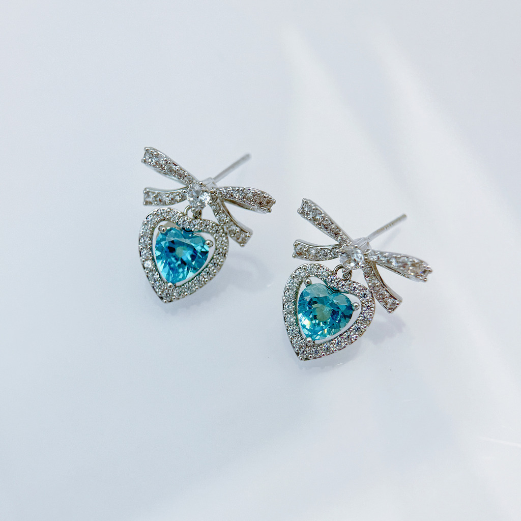 藍心蝴蝶結耳環