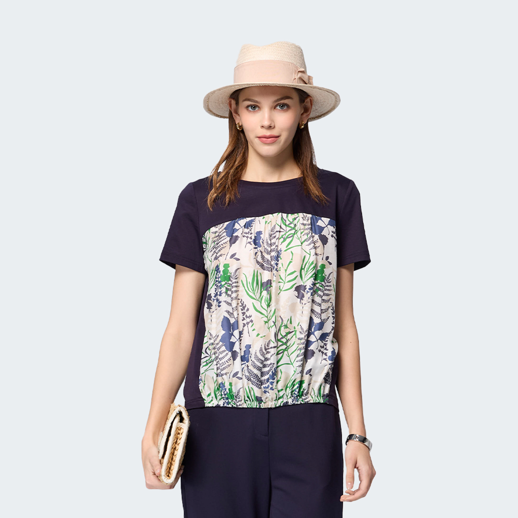 自然花紋絲棉拼接上衣