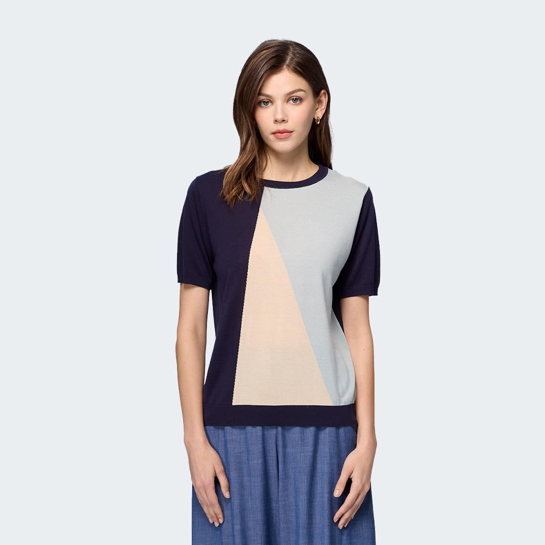 萊賽爾幾何拼接針織上衣