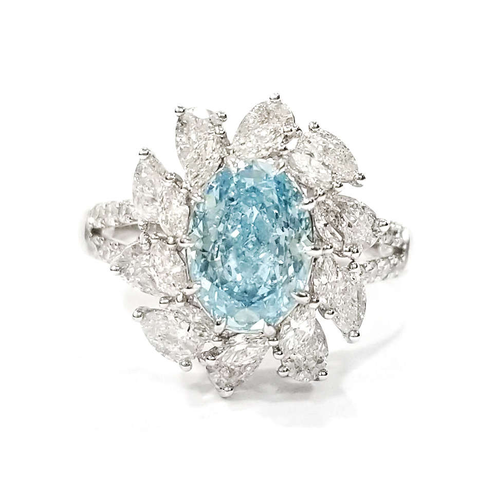 18K白金 實驗室橢圓形培育藍鑽石戒指