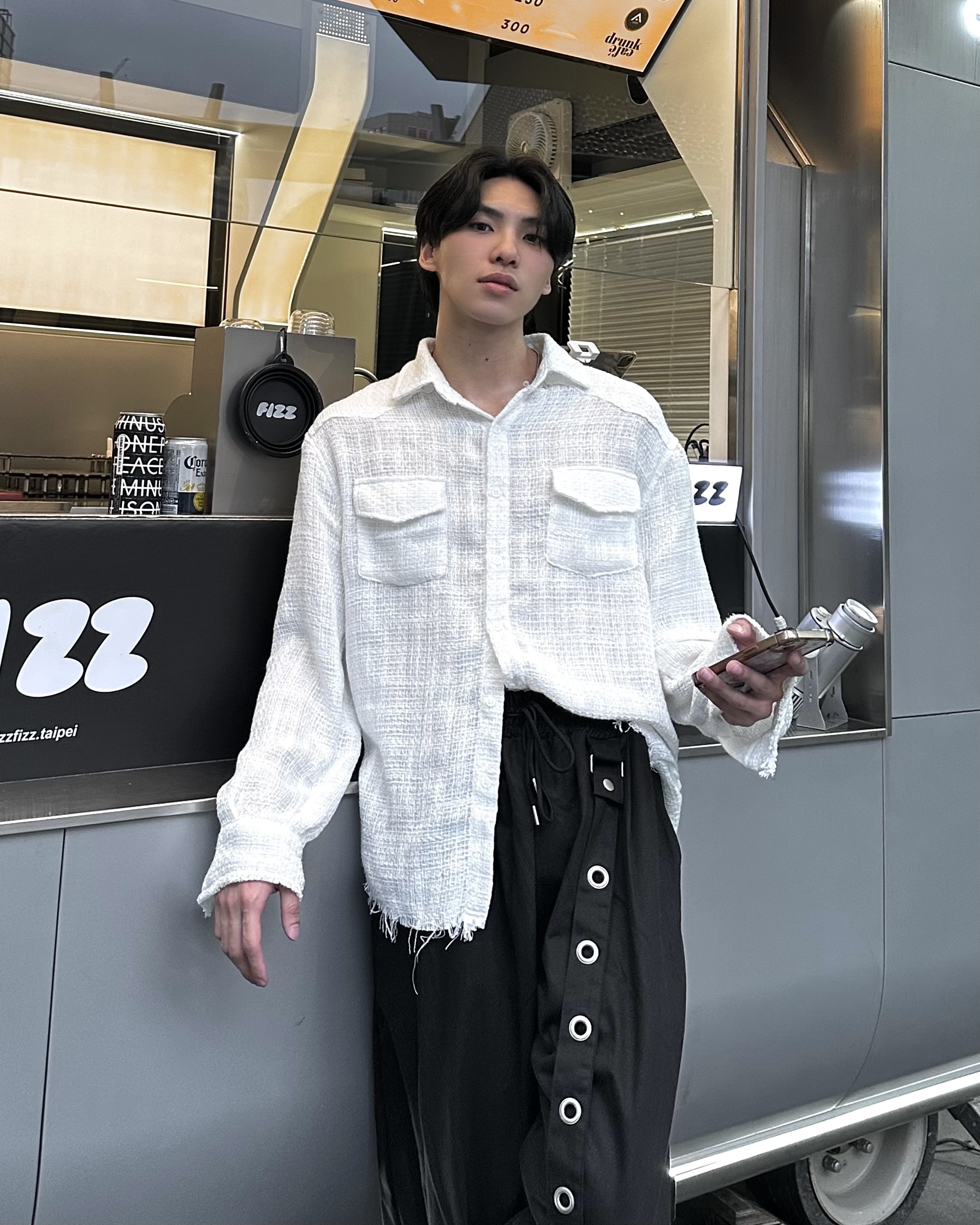 𝐇·𝐓·𝐒 韓國 波希米亞 粗針織 雙口袋 抽鬚破壞 寬鬆 長袖 襯衫