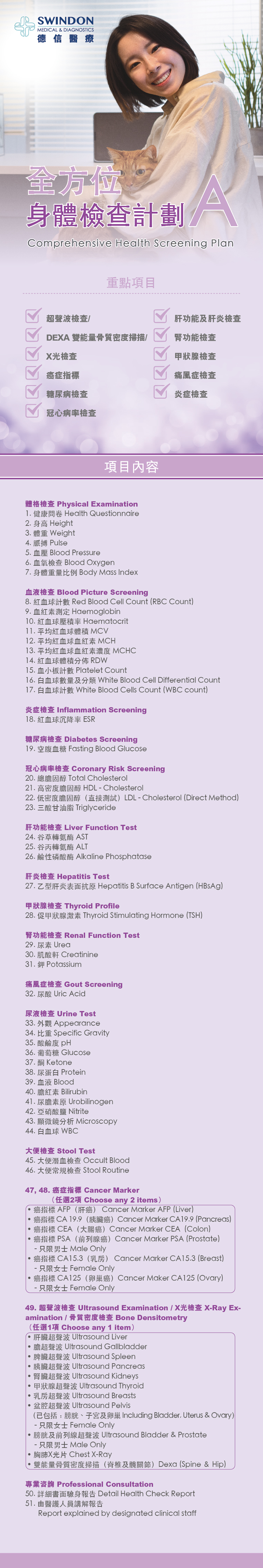 德信醫療 - 全方位身體檢查計劃 A。Swindon Comprehensive Health Screening Plan A