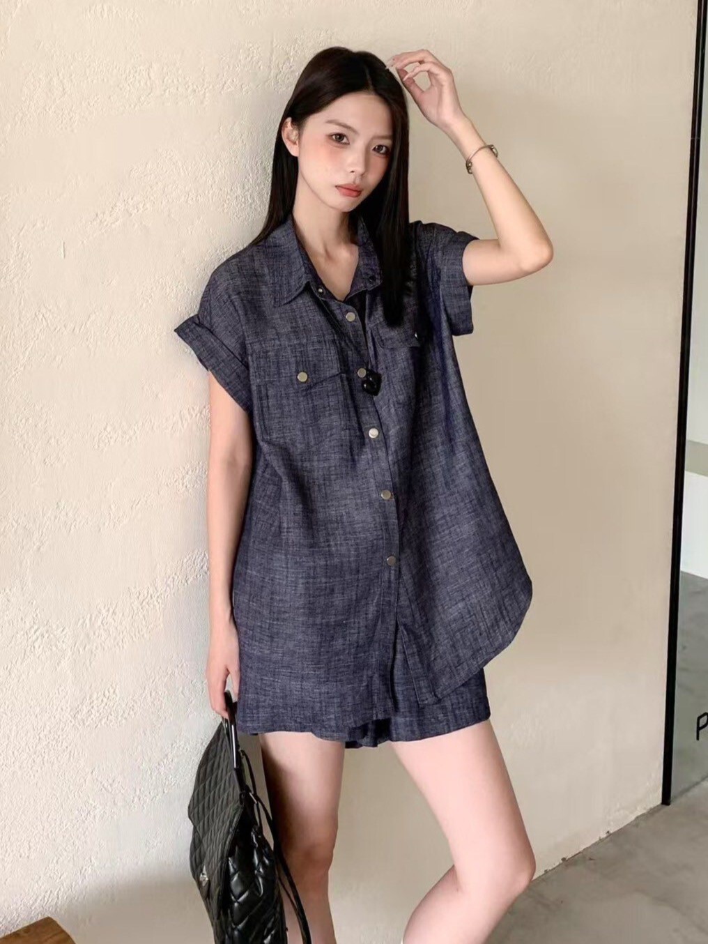 套裝丨雙袋棉麻襯衫式上衣＋鬆緊短褲
