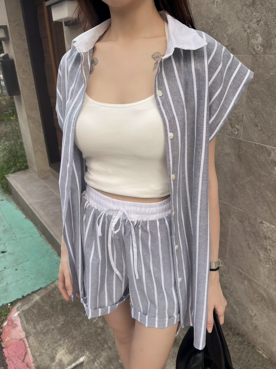 減齡淡顏條紋襯衫套裝/二色