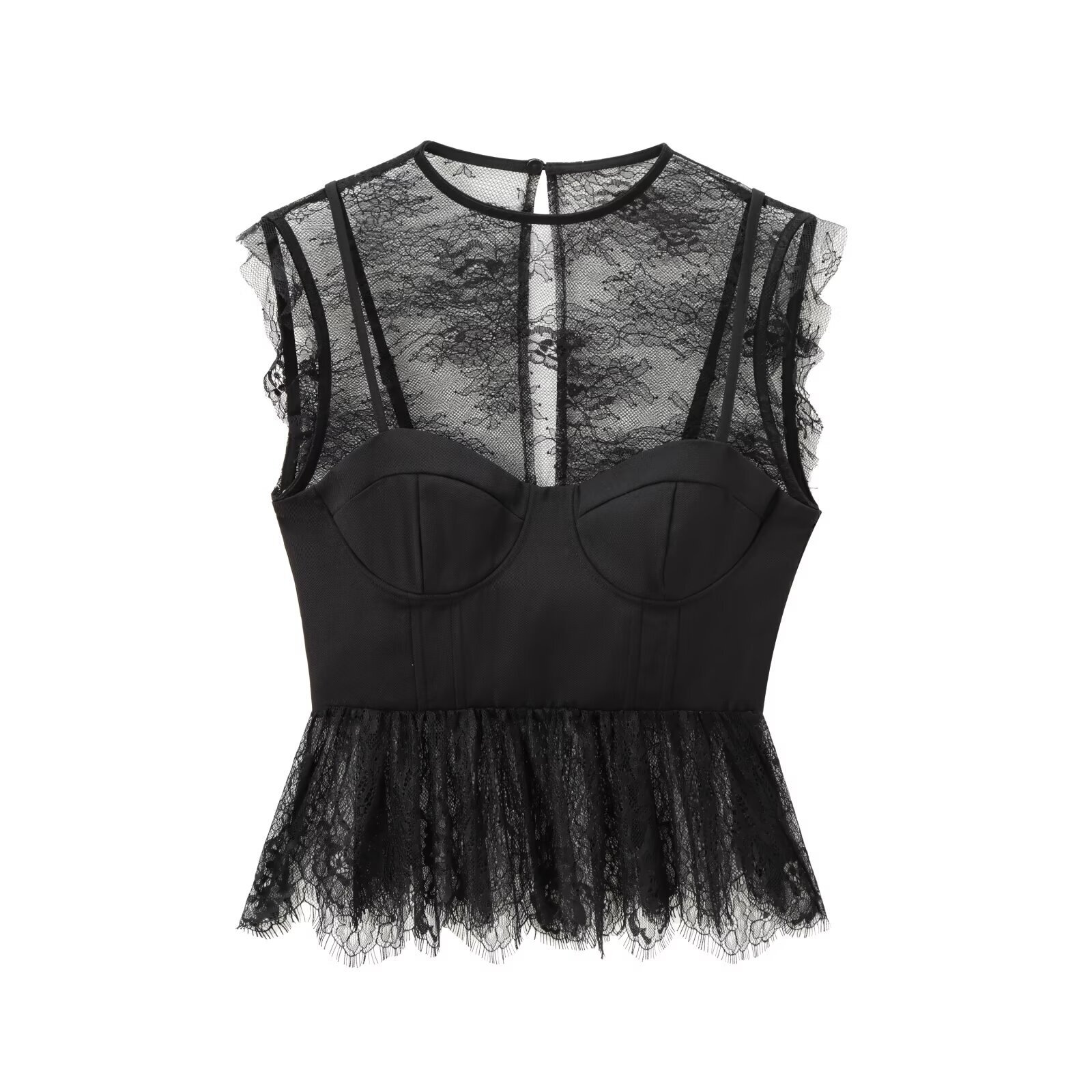 假2件 睫毛蕾絲收腰上衣