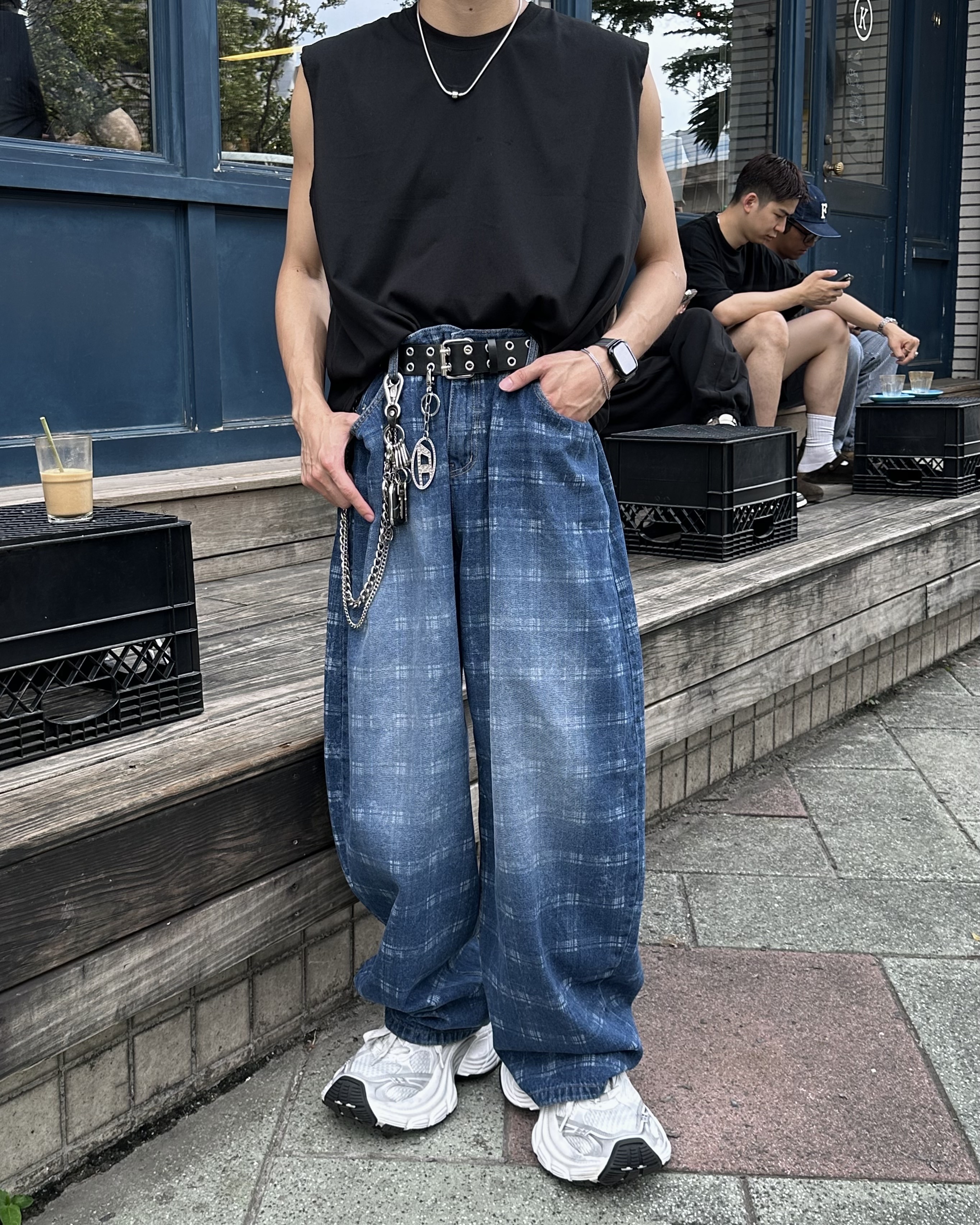 𝐇·𝐓·𝐒 韓國 泳池格紋設計 復古 網格 漸層 刷色 寬鬆 牛仔褲 長褲