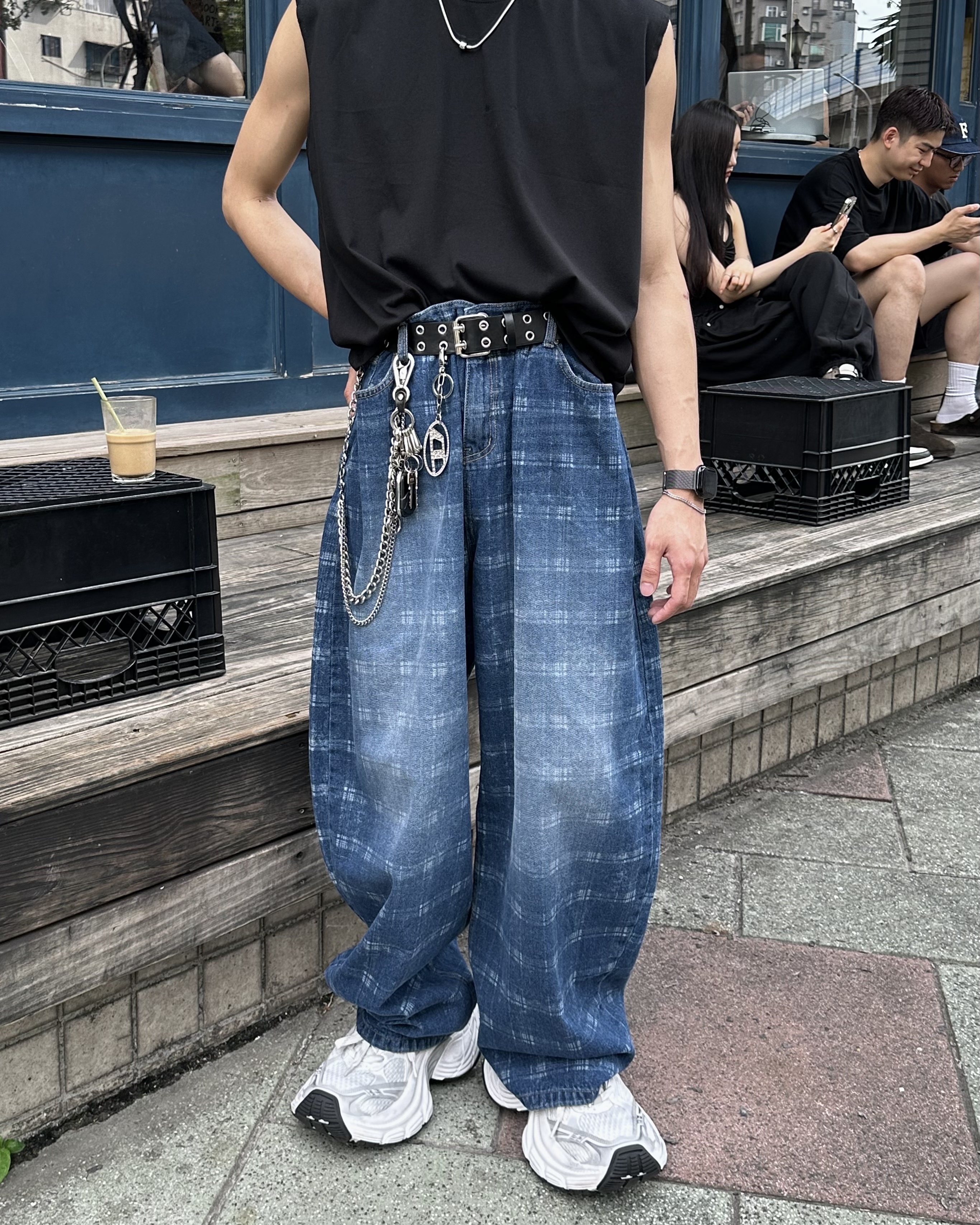 𝐇·𝐓·𝐒 韓國 泳池格紋設計 復古 網格 漸層 刷色 寬鬆 牛仔褲 長褲