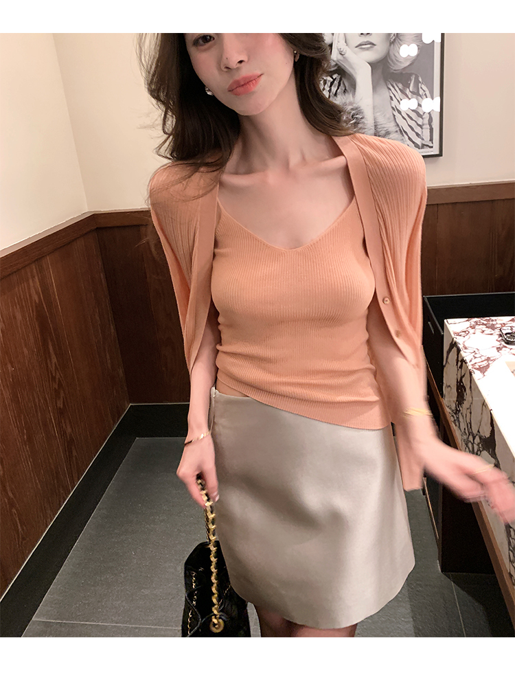 涼感針織 細肩帶背心+外套(綠/粉/咖)