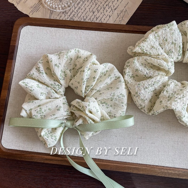[3 FOR RM10] Spring Summer Dusty Green Floral Ribbon Scrunchie