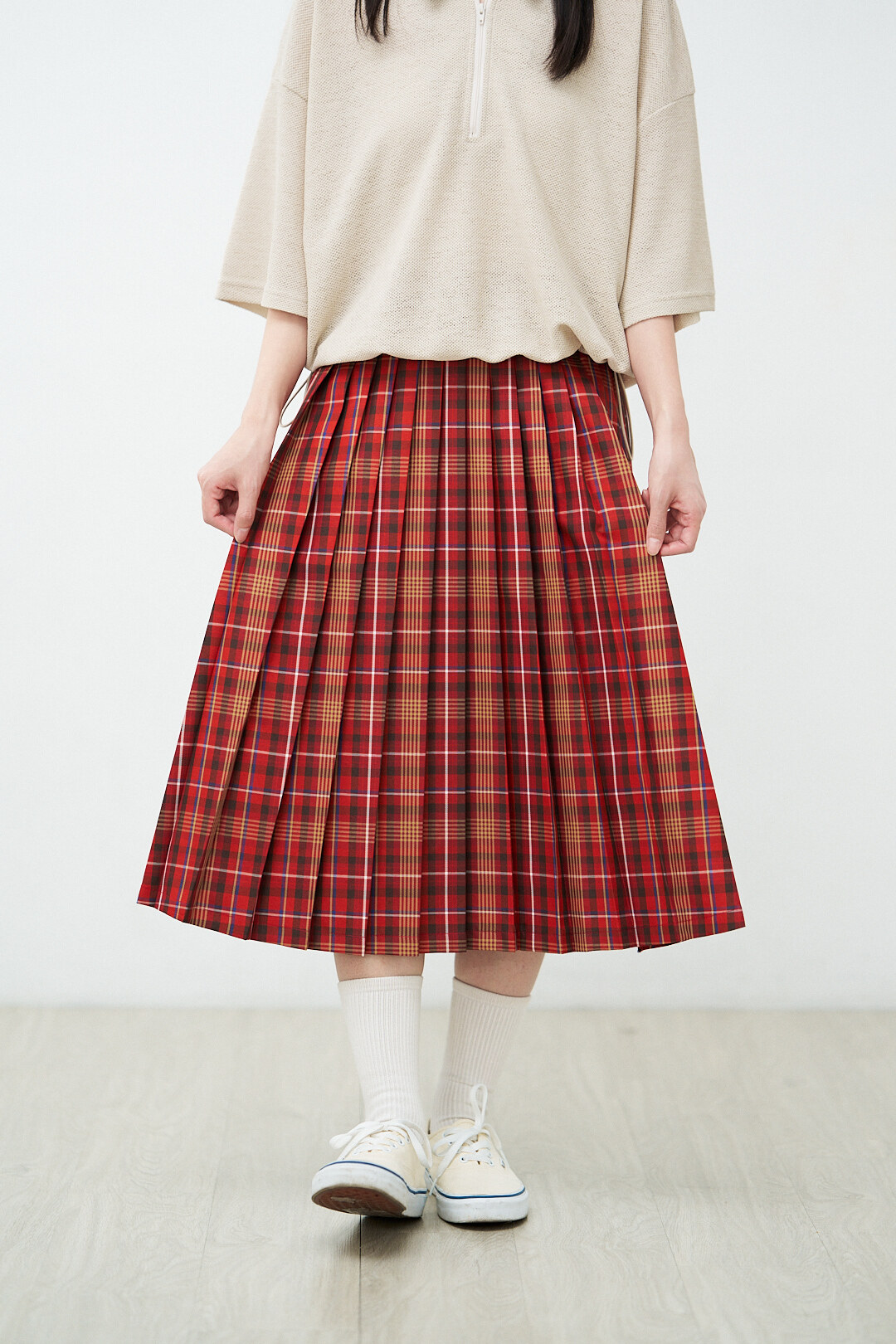橡木下的散步！染格紋百褶裙(兩色-紅)