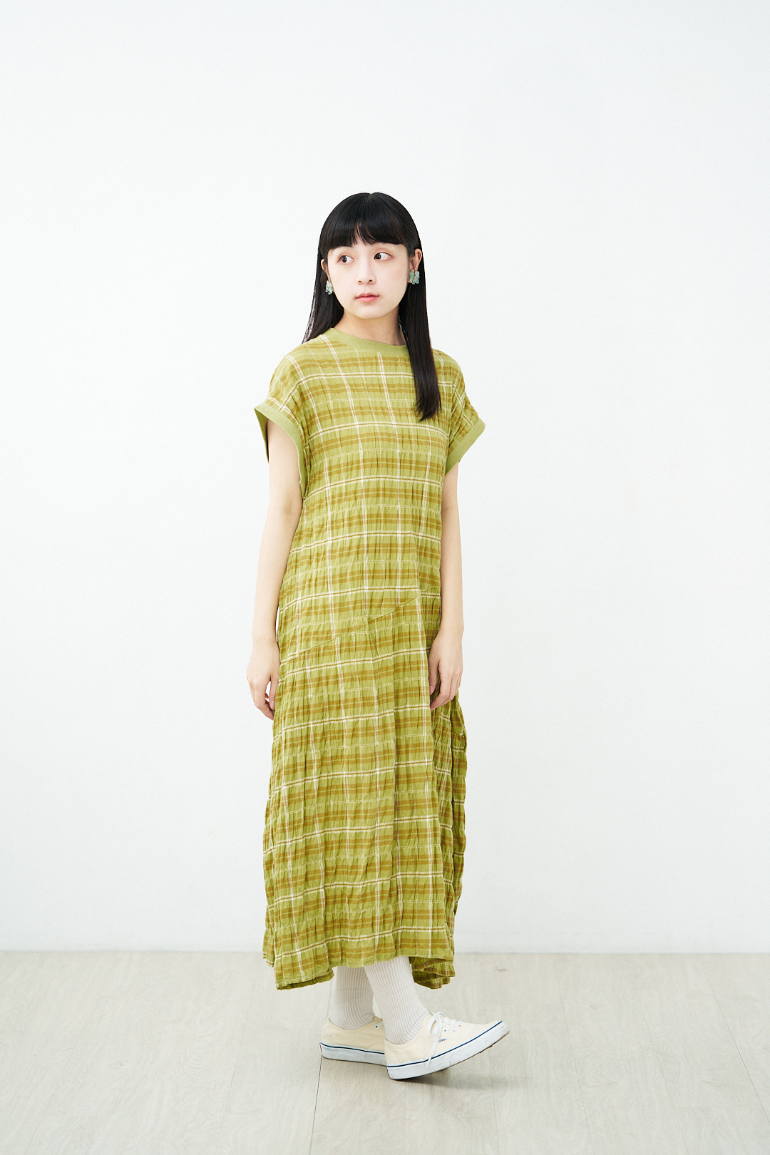 (限量)變奏調色盤！剪裁格線連衣裙(三色-黃綠)