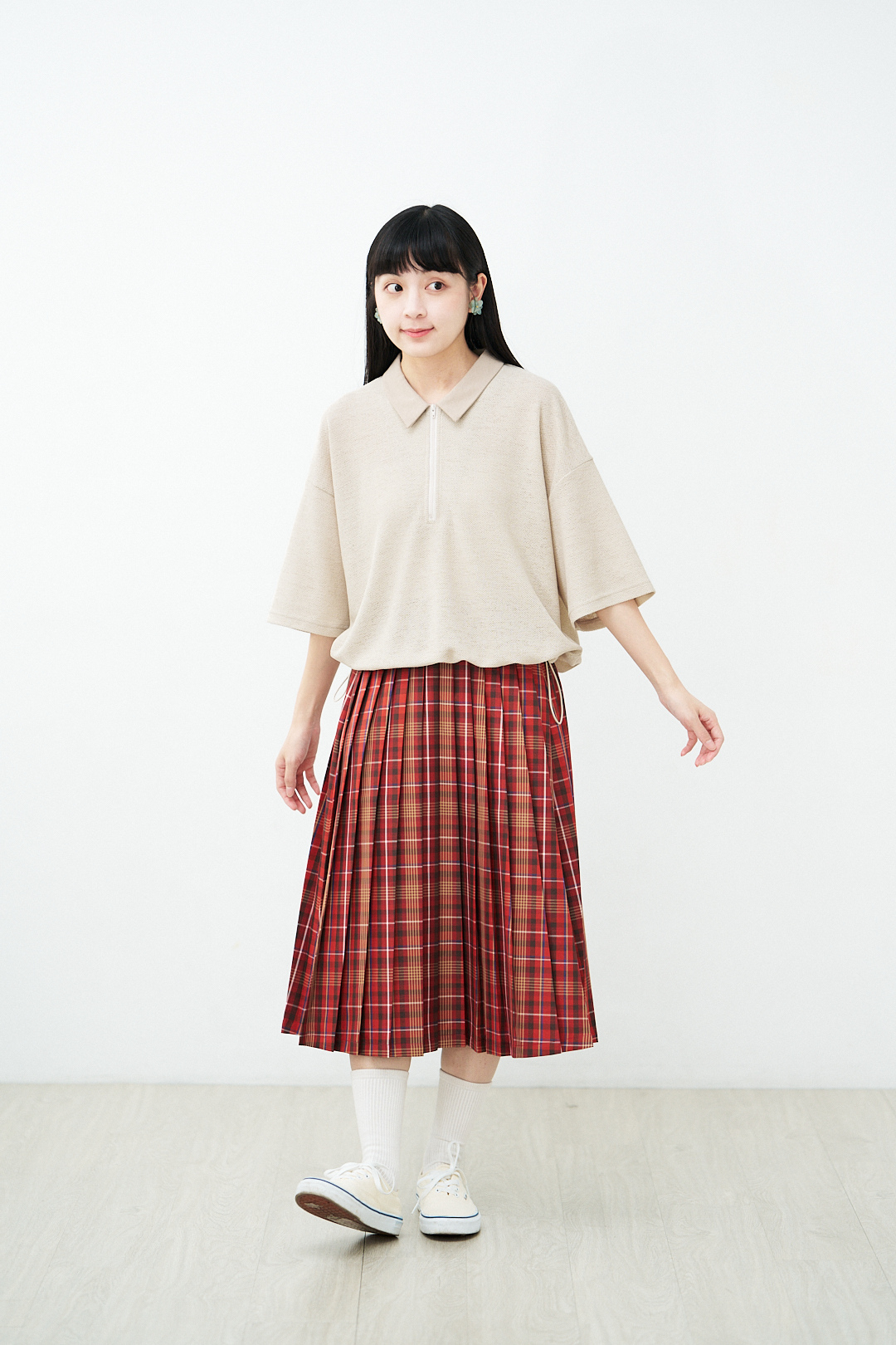 橡木下的散步！染格紋百褶裙(兩色-紅)