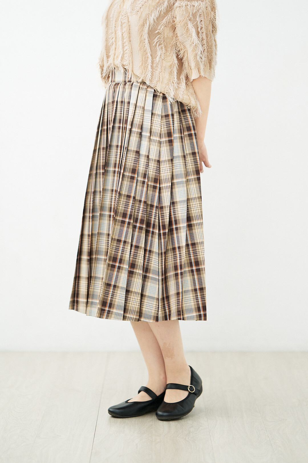 橡木下的散步！染格紋百褶裙(兩色-米)