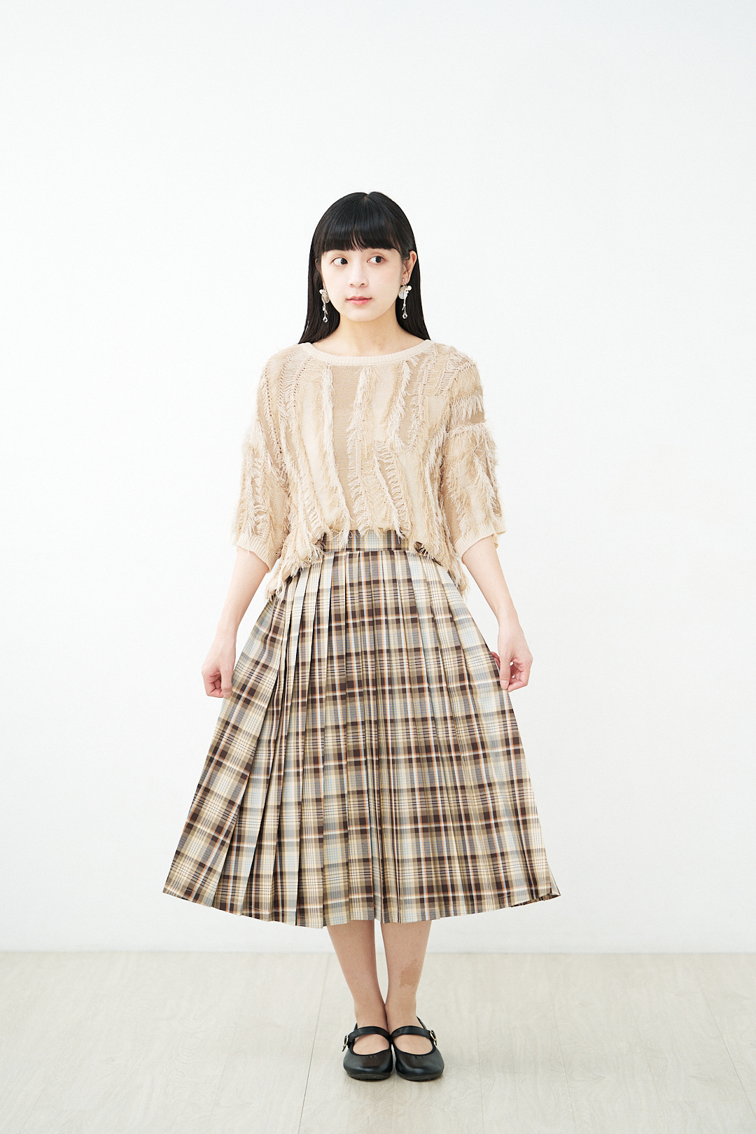橡木下的散步！染格紋百褶裙(兩色-米)