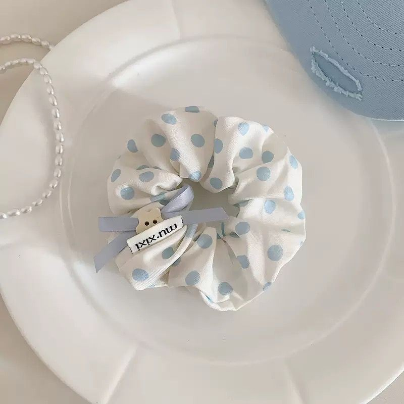 [3 FOR RM10] Korean Blue Polka Dot Scrunchie with Star Button