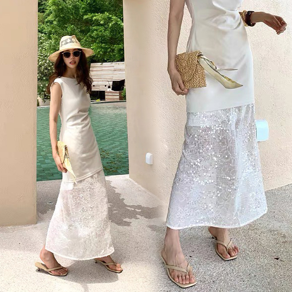 度假氣息雲朵白閃閃亮片長裙S-XL (Elegant & Love)