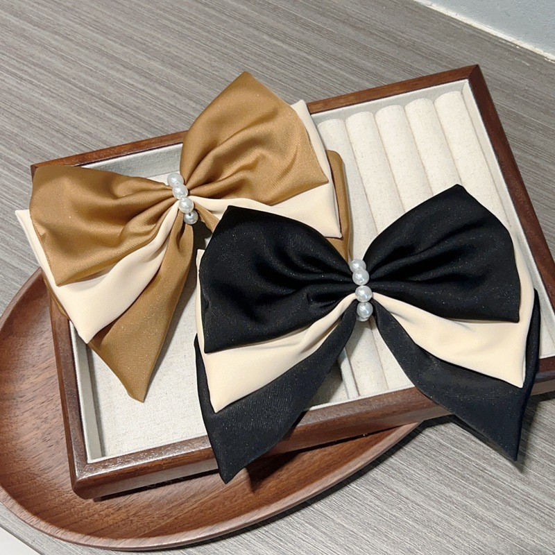 Oversized Layered Satin Bow with Pearls