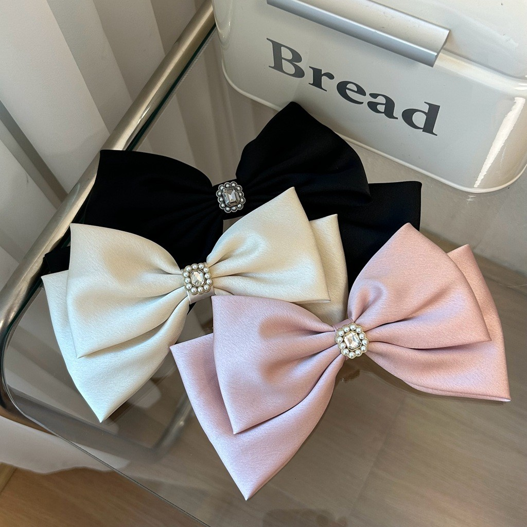 Korean Satin Ribbon Bow Hair Clip with Pearls & Rhinestones